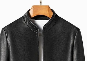 Veste de moto en cuir véritable noir de haute qualité pour homme, col montant, fermeture éclair, coupe ajustée, pour l'automne - Product Image 2