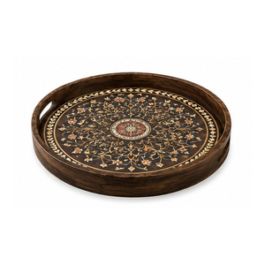 Plateau de rangement rond en bois avec motif floral oriental, finition laquée, pour utilisation sur table, à un seul niveau - Product Image 1