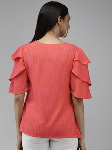 Top de Mujer Rosa de Viscosa con Estampado de Rayas, Corte Regular, Mangas en Capas y Cuello Redondo, Diseñado para Uso Diario Informal Global - Product Image 3