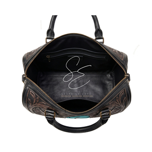 Black Western Mini Duffle Bag <b>Tooled</b> <b>Leather</b> Speedy Purse Turquoise Feather Cowgirl Boston Handbag Women Premium Purses - Product Image 5