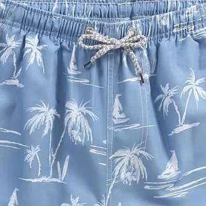 Men's Blue Palm Tree Print Board Shorts Quick Dry <b>Elastic</b> Waist Casual Style Bermuda Length Polyester Fabric Pockets - Product Image 5