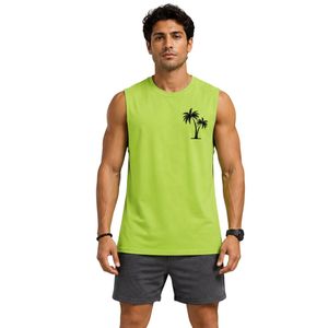 Camiseta sin mangas verde lima para hombre con estampado de palmeras, chaleco informal de verano, camiseta de algodón para gimnasio, fitness, entrenamiento muscular, ropa de playa - Product Image 1