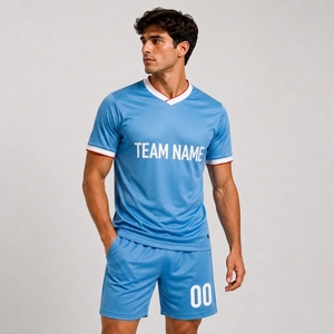 Maillot de football bleu clair pour homme, col en V, manches courtes, imprimé par transfert thermique, personnalisable avec le nom de l'équipe, polyester respirant - Product Image 2