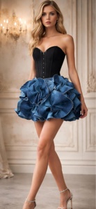 Mini-jupe en jean pour femme, plissée à volants, coupe trapèze, ajustement classique, couleur unie, délavée, style estival pour soirée - Product Image 1