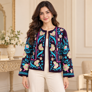 <b>Womens</b> Dark <b>Purple</b> Velvet Floral Embroidered <b>Jacket</b> | Bohemian Statement Outerwear with Full Sleeves Round Neck and Colorful Bot - Product Image 2