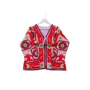 Chaqueta Bomber de Algodón con Bordado Suzani Indio Hecho a Mano para Mujer, Diseño Floral Multicolor, Bolsillos, Estilo Étnico, Transpirable, Tejida, con Volantes para Invierno - Product Image 1