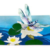 Carte de vœux avec modèle 3D pop-up de libellule et de fleur de lys aquatique