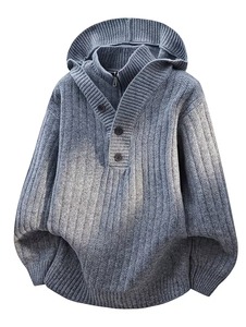 Sudadera con capucha de punto gris lavado para hombre, efecto dos piezas, con media cremallera y botones, estilo jersey oversize holgado con textura acanalada y manga larga - Product Image 1