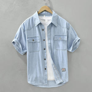 Chemise en jean sergé personnalisée pour homme, manches courtes, coupe ajustée, coutures renforcées, écologique, respirante, tenue de travail décontractée, vente en gros - Product Image 5