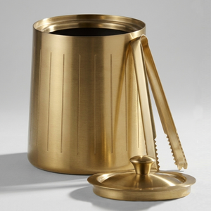 Elegant Gold Metal <b>Ice</b> <b>Bucket</b> Featuring Vertical Line Patterns Complete <b>With</b> A Fitted <b>Lid</b> And A Matching Pair Of Tongs - Product Image 4