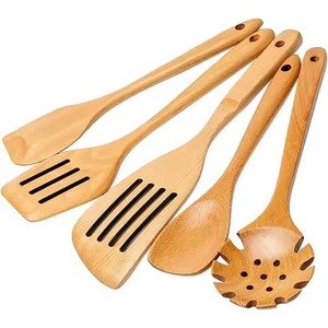 Juego de utensilios de cocina de madera de haya de 5 piezas, espátula ranurada para servir espaguetis, utensilios de madera para sartenes antiadherentes y repostería, ¡Gran Venta! - Product Image 1