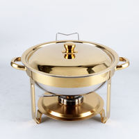 Plat à réchaud classique haut de gamme en acier inoxydable doré miroir, chauffe-plats de buffet rond avec couvercle suspendu à piliers arqués, écologique