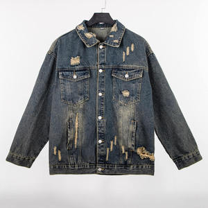 Men's <b>Denim</b> <b>Jacket</b> Casual Loose Fit Turn-down Collar Frayed Washed Blue Regular Sleeve Autumn Style - Product Image 1