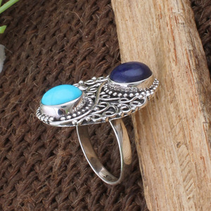 Handmade 925 Sterling <b>Silver</b> Lapis Lazuli Turquoise Bezel Setting Wedding <b>Ring</b> Natural Multi Gemstone Artisan Dotted <b>Statement</b> - Product Image 6