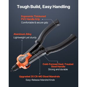 Kit di Utensili per Rivetti a Due Mani da 14 Pollici con 7 Mandrini e 70 Dadi, Misure Metriche e SAE M6 M8 M10 10-24 1/ con Rivetti a Dado - Product Image 3