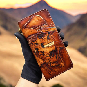 Hand Tooled Skull Design Carved 100% Genuine Leather Short Bifold <b>RFID</b> <b>Blocking</b> Vintage Multi Card Holder <b>Wallet</b> Men's Carry - Product Image 1
