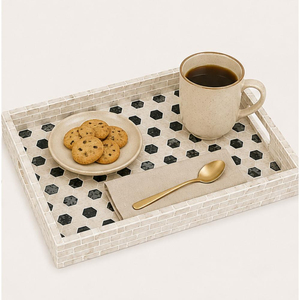 Handmade Mother of Pearl Inlay Eco-friendly Wedding Luxury Black <b>White</b> Decorative Serving <b>Tray</b> Platter for Hotel - Product Image 2