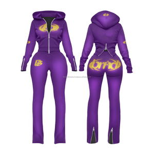 ชุดเซ็ทวอร์มผู้หญิงแบบสองชิ้น เสื้อฮู้ดและกางเกงวอร์มขายาวเหนือเข่า สีพื้น แบบสวมใส่สบาย เหมาะสำหรับวิ่งจ๊อกกิ้ง - Product Image 3