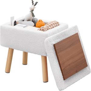 Pouf Contemporaneo Bianco Rettangolare con Rivestimento in Pile Teddy e Gambe in Legno Massello, Poggiapiedi per Ingresso di Casa - Product Image 1