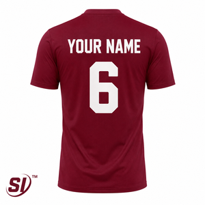 เสื้อฟุตบอลสั่งทำสีแดงเลือดหมู คอวี แบบคลาสสิก พิมพ์ชื่อทีมและหมายเลขด้วยเทคนิค Sublimation แห้งเร็ว ขายส่ง รับผลิตแบบ OEM - Product Image 2
