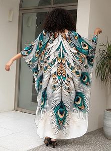 Robe longue maxi abaya à col en V, manches chauve-souris, coupe ample, imprimé paon, pour femme, plage, été, bohème, en polyester - Product Image 3