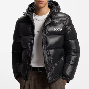 Chaqueta Acolchada con Capucha para Hombre, Negra, Resistente al Viento, Rellena de Plumón, Informal, de Invierno, Corte Regular, Cierre de Cremallera, Color Sólido, Gruesa - Product Image 1