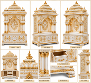 Temple hindou élégant blanc et or sculpté avec dômes décoratifs, en bois massif, pour salles de prière, unité de prière en teck, Royaume-Uni - Product Image 4