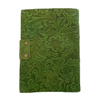 Cuaderno de bocetos A5 verde vintage, cuaderno de tapa blanda de cuero en relieve, diario, borde de cubierta, papel reciclado de algodón sin forro, flor de jardín