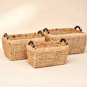 Rectangular Water Hyacinth Storage <b>Basket</b> Set Nesting Woven <b>Shelf</b> Bins With Wooden Handles High Quality Home Organizer Bulk - Product Image 2