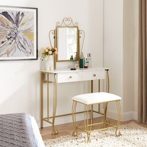 Ensemble de coiffeuse vintage pour chambre à coucher, blanc, avec tabouret et beaucoup de rangements pour se maquiller et ranger, élégant et pratique - Product Image 1