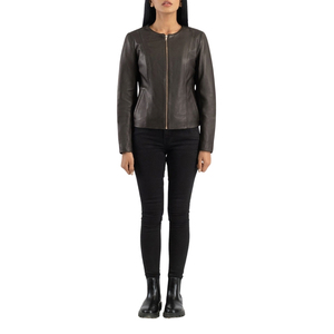Chaqueta de Motocicleta de Cuero Genuino para Mujer, Cuello Redondo, Cierre de Cremallera, Manga Larga, Color Gris Oscuro Sólido, Abrigo de Otoño - Product Image 1