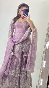 Fandy Crush Silk 5mm Sequin <b>Embroidered</b> Short <b>Tunic</b> Flared Sharara Matching Scarf 3 Piece Stitched Set MW 1297 - Product Image 2
