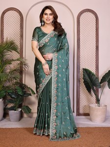 Sari de luxe brodé pour femme, en soie douce, pour l'hiver et l'été, idéal pour les fêtes, avec bordure richement brodée de sequins, ensemble de mariage indien - Product Image 3
