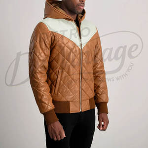 Blouson matelassé en cuir bicolore premium pour homme, design matelassé losanges, avec capuche, en similicuir, chaud et rembourré, pour l'hiver, avec épaulettes - Product Image 5