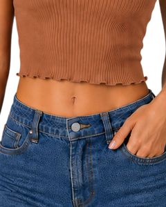 Top corto acanalado marrón para mujer, sin mangas, cuello cuadrado, ajuste ceñido, de punto de algodón elástico, estilo casual de verano, chaleco personalizado para mujer - Product Image 6