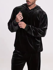 Men Burgundy Velvet <b>Tracksuit</b> Full Sleeve Solid Color Casual Hooded Jogger Pants Set Loose Fit Autumn Wear - Product Image 3