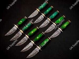 Wholesale Damascus Steel Fixed Blade Camping Knife Exotic Green Pakka Wood Handle Brass Guard Drop Point 15.25 cm Overall Knife - Product Image 2