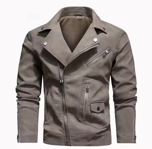 Blouson de motard court en toile teinte et cuir PU pour homme, style urbain, fermeture éclair, logo frontal, automne-hiver - Product Image 3