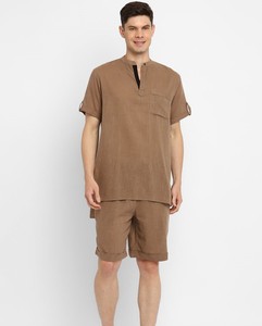 Ensemble T-shirt et short pour homme, couleur marron unie, manches courtes, col Henry, vêtements décontractés d'été, coton tissé respirant - Product Image 1