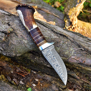 Cuchillo de Camping de Hoja Fija de Acero de Damasco de Carbono de Alta Calidad con Borde Dentado y Espiga Recta, Mango de Cuerno de Grado Industrial - Product Image 2