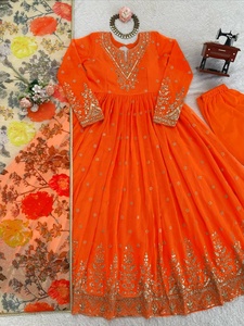 NUEVO SALWAR KAMEEZ CON DUPATTA LARGA HASTA EL SUELO, ESTAMPADO EN RELIEF, COLOR NARANJA, MANGAS COMPLETAS, ESTILO MODERNO PARA FIESTAS EN TODAS LAS ESTACIONES - Product Image 6