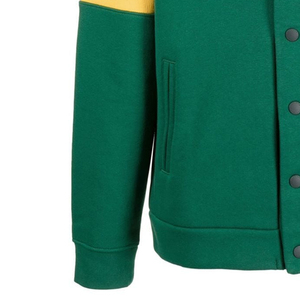 Cardigans à col en V personnalisés de style américain vert avec logo, manches longues, pulls tricotés avec rayures jaunes et noires sur les manches, fermeture à boutons - Product Image 5