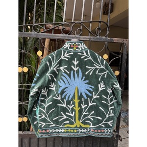 Veste bomber en velours écologique brodée à la main, col mandarin, manches longues, motif floral, courte, pour femme, automne, verte - Product Image 5