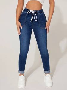 Jean Capri en Coton pour Femme, Taille Élastique avec Cordon de Serrage, Respirant, Très Extensible, Coupe Skinny, Denim Uni, Style Décontracté, Été Hiver - Product Image 4