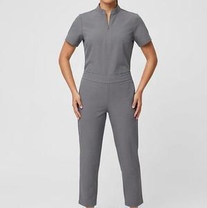Ensemble de blouses médicales grises pour femmes, manches courtes, col zippé, pantalon, uniforme d'hôpital - Product Image 1