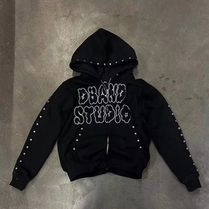 Rhinestone Flare Sweatpants and Hoodie <b>Set</b> OEM Custom Manufacturer Double Waisted Baggy Stacked Pants Sweat Suit Zip up - Product Image 5