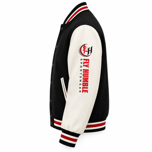 <b>Fly</b> Humble <b>Men's</b> Varsity <b>Jacket</b> Black White Red Stripe Sleeve Logo Patch Style Turn-down Collar Single Button wholesale - Product Image 5