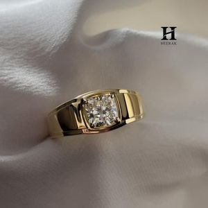 Men's Cushion Cut Lab Grown Diamond Signet <b>Ring</b> 14K Yellow <b>Gold</b> Bezel <b>Set</b> Solitaire Engagement Band - Product Image 4