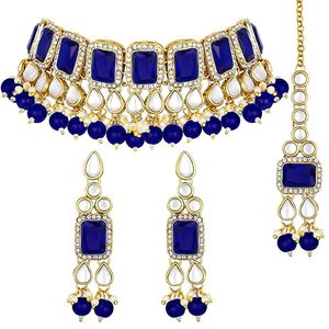 Gold Plated Alloy <b>Necklace</b> Earrings Set <b>Blue</b> Zircon Imitation Pearl Ethnic Wedding Jewelry Women's Fashion Jewelry Sets - Product Image 5