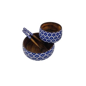 Ensemble de saladiers artisanaux en bois de manguier avec des serveurs à motifs floraux dorés, grand saladier écologique émaillé pour la maison et l'hôtel - Product Image 6
